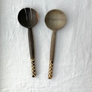 Vintage Salad Servers Wooden Serving Spoon Fork‎ Set Decorative Inlay African